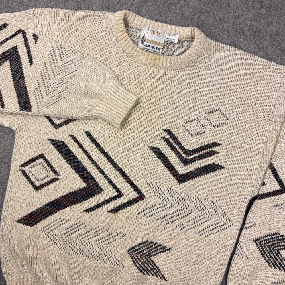 VTG London‎ Fog Sweater Mens Large Tan Geometric Southwestern Cotton 90s USA